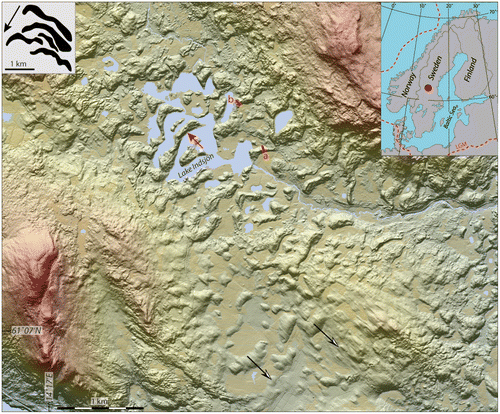 Figure 5. Hill shaded DSM of ribbed moraine in the Indor valley, province of Dalarna. Note the very pronounced horns in the centre of the valley – that is, “classic” Rogen moraine planform – and the surface, clearly streamlined from the NW, over the moraines in the south central part of the DSM (marked by arrows in the ice-flow direction), eventually leading to ice-flow parallel forms. The red arrow marks the three ribbed moraines in Lake Indsjön, as depicted in Figure 4. Red lines marked (a) and (b) show the locations of cross-moraine trenches in mid-ridge (a) and horn (b) positions. Colour coding in the DSM is from ~400 (reddish) to 250 (greyish) m a.s.l. The red dot in upper right corner of the inset map shows the location of the Indor area in a regional context. The inset frame in the upper left corner shows the most similar-looking planform in the Dunlop & Clark (Citation2006) classification of ribbed moraine, which is “downstream-curving ribbed moraine ridges” [redrawn from Figure 17 in Dunlop & Clark (Citation2006)]. LiDAR data provided by Lantmäteriverket, Sweden; ©Lantmäteriverket i212/927.