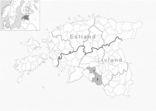 Figure 1. Map of Estonia, the two parishes included in the study are highlighted in grey, Paistu (Holstre)1 and Helme2