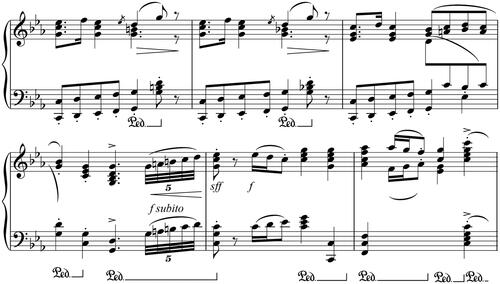 Example 9. Stanford, arr. Grainger, Four Irish Dances, no. 2 (New York: J. Fischer, 1916), bars 17–22. Reproduced by kind permission of Bardic Edition Music Publishers.