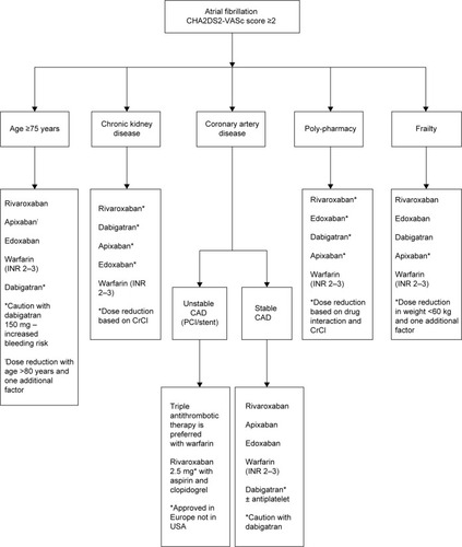 Figure 1 Summary of choice of oral anticoagulants in elderly with various comorbidities.