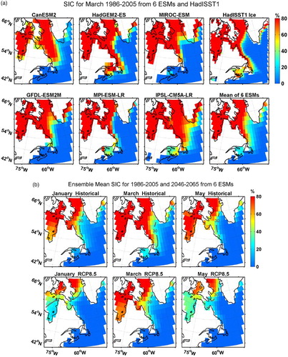 Fig. 5 (a) Comparison of SIC in March from the historical simulation (1986–2005) of each of six ESMs, the HadISST1 dataset for 1986–2005 (upper right), and the ensemble mean from the ESMs (only shown for grid points with values from all six ESMs). The differences in the apparent land areas (white) in the different models largely reflect differences in their native grids. (b) Ensemble-mean bidecadal monthly SIC for (left) January, (middle) March, and (right) May for 1986–2005 from (upper) the historical simulations and (lower) for 2046–2065 for RCP8.5 from the six ESMs (only shown for grid points with values from at least three ESMs). The grey contour in (b) represents the 30% isoline, approximating the ice edge.