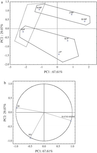 Figure 3. HO and HI peptides in the ASN profile. PCA plots of the first two principal components PC1 and PC2. (a) Factorial map. (b) Factor loading plots (PC1 and PC2). N: November, J: January, M: March. NP: raw, P: pasteurized.Figura 3. Péptidos HO y HI en el perfil de ASN. Gráficas de ACP para los dos primeros componentes principales PC1 y PC2- (a) Mapa factorial. (b) Cargas de los factores (PC1 y PC2). N: Noviembre, J: Enero, M: Marzo. NP: Cruda, P: Pasteurizada.