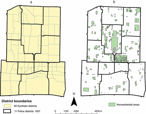 Figure 8. Boundaries of the 11 police districts and the 80 synthetic districts (a) and nonresidential polygons in the city (b).