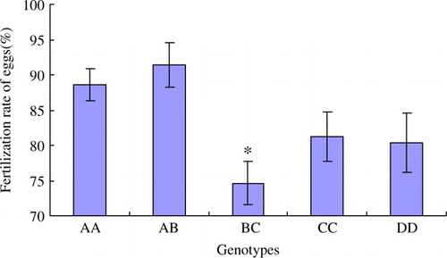 Figure 5.  The fertilisation rate of eggs (%) in different genotypes. The data are expressed as Means±SD. Asterisks indicate level of significant differences between different genotypes (*p<0.05).