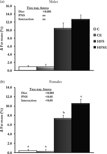 Figure 1.  The effect of HFS diet intake and PNS on body fat mass gain in adult offspring. Results are group mean ± SEM. Different letters (a, b, and c) indicate significant differences p < 0.05, Post-hoc Bonferroni. (a) Males (n = 7–8), (b) Females (n = 8). C, Control; CE, Control stress; HFS, High-fat-sucrose; HFSE, High-fat-sucrose-stress; PNS, Prenatal stress; ns, not significant.