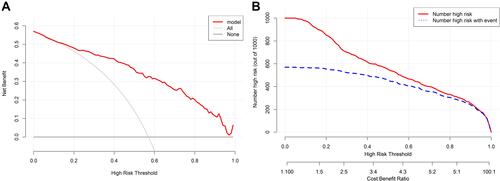 Figure 4 (A) Decision curve of the nomogram; (B) clinical impact curve of the nomogram.