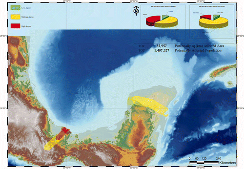 Figure 10. High wind hazard assessment related to the Stan event. Inserts showing high winds affected population of the study area and high winds affected area. Available in colour online.