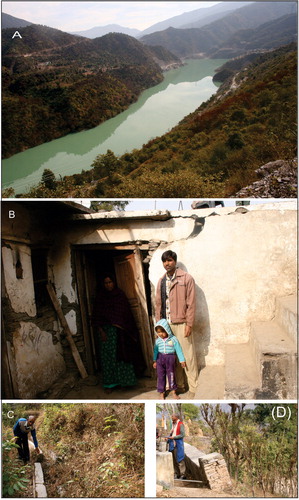 Figure 11. (A) Upstream extension of the Koteshwar dam reservoir. Picture taken from the Payal village which is reeling under subsidence. (B) Damaged house walls (C) tilted boundary wall and (D) displaced irrigation canal. All these destructions are located facing the reservoir. Source: Author.
