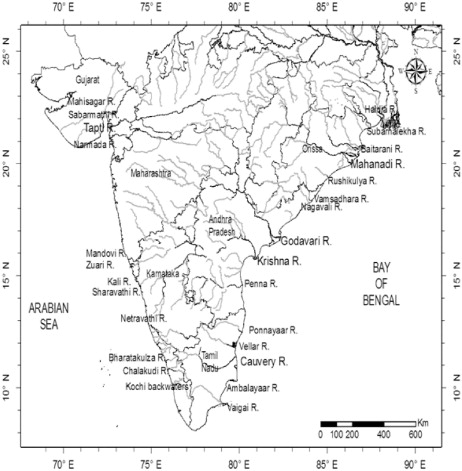 Fig. 1 Station locations map where major rivers are shown with larger font letters. The main course of the river is shown as a dark line while tributaries are shown in grey.