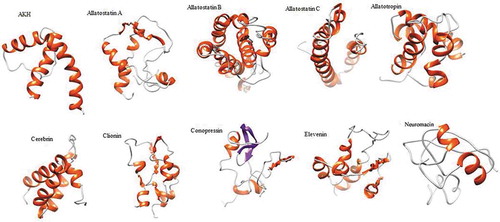 Figure 6. Predicted 3D structures of selected neuropeptide precursors in Haliotis discus hannai. The N- and C-termini are oriented toward the left and right, respectively
