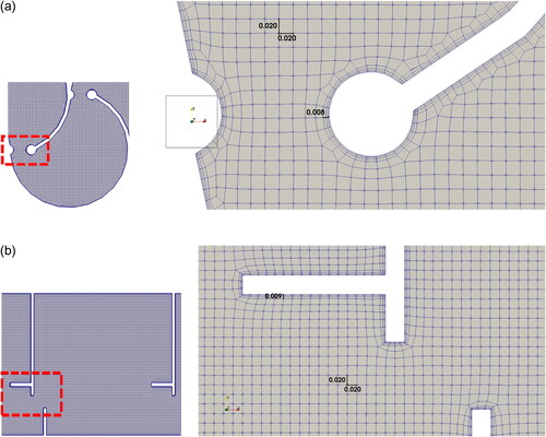 Figure 5. Horizontal 2D-slice through the domain, showing an excerpt of the constructed mesh in basin 5 and a magnification near the slot region (marked area) for the MF (a) and VSF 45° (b).