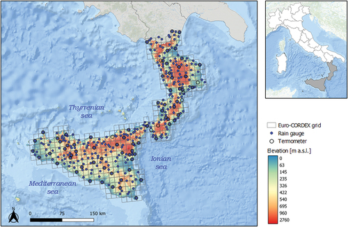 Figure 1. Map presenting the study area, the Euro-CORDEX grid, and the raingauges and thermometers used to assess model errors in reproducing climate statistics for the control period (1971–2000). Many of the temperature records are available at the same location as the raingauges.