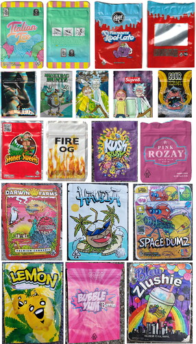 Figure 1. Sample cannabis packages. Samples include resealable packaging, cartoons, references to food.