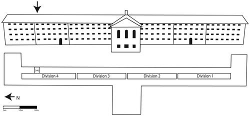 Figure 2. Fremantle Prison main cellblock showing the location of cell D40 on the north east side of the first floor (Drawing: Paige Taylor).