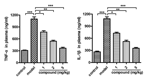 Figure 4. Obviously reduced releasing of TNF-α and IL-1β into the plasma after compound treatment. The stroke animal model was constructed, and the compound was given for the indicated treatment. The TNF-α and IL-1β content released into the plasma was determined with ELISA assay.