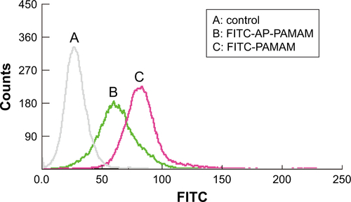 Figure S3 Flow cytometric analysis of the endocytosis of FITC-labeled PAMAM or AP-PAMAM after 2 h.Abbreviations: AP-PAMAM, 2-amino-6-chloropurine-modified PAMAM; FITC, fluoresceine isothiocyanate; PAMAM, polyamidoamine.