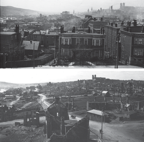 Figure 2. (a) View looking west across downtown St John's c. 1920s. The harbour is visible on the far left. The downtown was (and remains) predominantly residential, comprised of clapboarded, wooden-framed row houses with small rear gardens. The paint regularly applied to clapboard contained lead. Coal was a common heating fuel for much of the 1800s through to the 1950s and contained high lead and arsenic levels. (b) View looking west across downtown St John's soon after the fire of 1892. Photographer's position is slightly to the left (south) of the one in Figure 2(a). Only stone and brick structures survived the fire. Note the two towers of The Basilica Cathedral of St John the Baptist in the right background. They are also visible on the far right in Figure 2(a). Source: The Geography Collection, Archives and Manuscripts Division, Memorial University of Newfoundland, St John's.