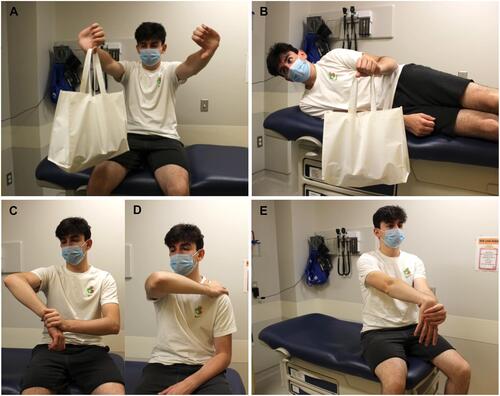 Figure 1 Special testing of the upper limbs | (A) Jobe/Empty can test: patient holds weighted object, such as bag with canned goods, with their arms in 90º abduction and 40º of forward flexion with the thumbs pointing down. (B) Resisted external rotation: in the lateral decubitus position with the elbow flexed at 90º and tucked to the side, patient lifts weighted object in external rotation. Hawkins-Kennedy test: (C) with the shoulder and elbow abducted to 90º, patient pushes their wrist down while internally rotating that shoulder. (D) Alternatively, patient can touch the top of their unaffected shoulder with the hand of affected side while lifting that elbow. (E) Mill test: patient extends the affected arm in pronation with the wrist in flexion. Their opposite hand grips the other and pulls downward, providing resistance.
