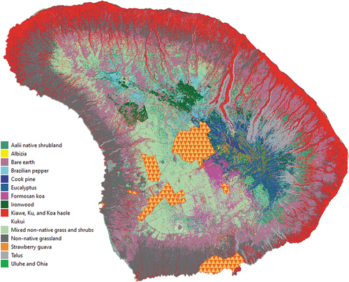 Figure 2. Species-specific land cover map for the island of Lāna‘i, based on expert-adjusted class posterior probabilities. Masked areas under the triangular polygons were infrastructure areas excluded from the analysis (Lāna‘i City, airport and other infrastructure). Example zoomed in areas are provided in appendices 10 and 11.