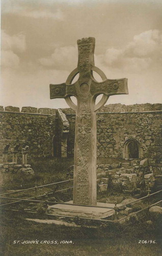 Figure 6. St John’s Cross (the reconstructed original) standing in front of the Abbey ruins in a postcard from 1927 or shortly after. Copyright: J Valentine & Sons.
