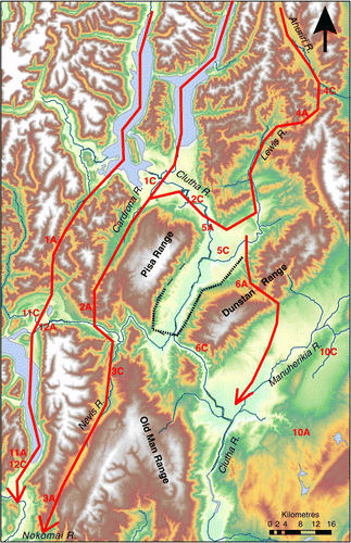 Figure 7  DEM showing south-western drainage pattern in the Pliocene and early Quaternary. Major drainages flow to the south. Red numbers show points relevant to river capture events (Table 1). Dashed line shows the approximate geometry of glacial moraine (after Turnbull Citation2000) that was instrumental in the redirection of the Clutha River from a route through Thomson Saddle (6A) to its present-day route through the Cromwell Gorge (6C).