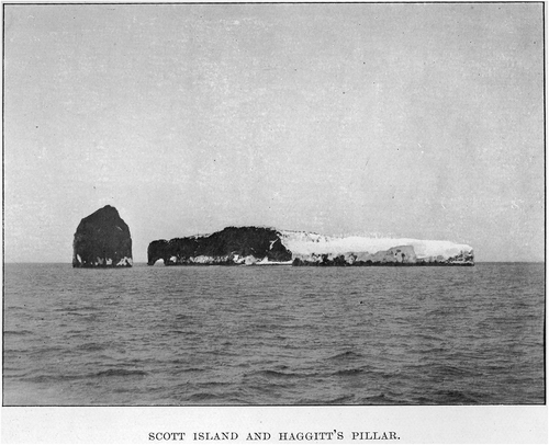 Fig. 3. Scott Island and Haggitt’s Pillar, printed in William Colbeck, “Observations on the Antarctic Sea-Ice”, The Geographical Journal, vol.25, no.4 (1905), pp. 401–405. Copyright Clearance Centre and RGS-IBG, with permission