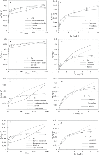 Figure 2. Kinetic curves and Isothermal curves and fitted models of Cd(II) in modified media under experimental conditions, pH = 6.5, IS = 0.001 mol L−1, NaCl. (a: quartz sand; b: M-coated sand; c: HA-coated sand; d: FH-coated sand)