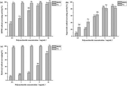 Figure 3. In vitro anti-oxidant activities of BSPS-H. (A) DPPH-scavenging activity, (B) Superoxide radical-scavenging activity, (C) Hydroxyl radical-scavenging activity. Values are represented as means ± SD (n = 3). Values with different uppercase letters within the same sample was significantly different from each other (p < 0 .05), and values with different lowercase letters within the same sample was extremely significantly different (p < .01).