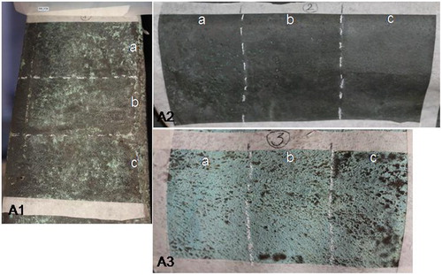 Figure 2. Test areas before cleaning: (A1) a mix of wax and Incralac® is present; (A2) a thick Incralac® layer makes the surface shiny; (A3) a typical green rain-washed corrosion patina.