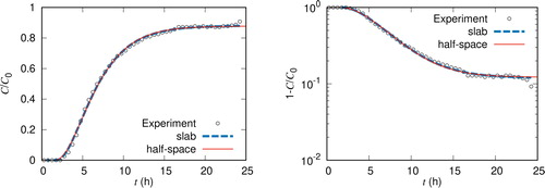 Figure 2. The breakthrough curve of C/C0 (Left) and 1−C/C0 (Right) as a function of time. The experimental data (black open circles) are compared with numerical values computed from (4.3) and (4.4) using the linear transport equation in the slab geometry (blue dashed line) and half-space geometry (red line).