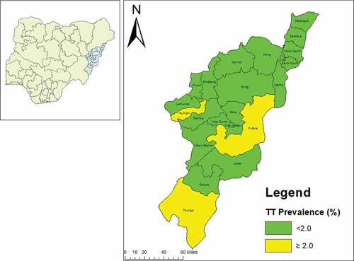 Figure 2. Prevalence of trachomatous trichiasis (TT) unknown to the health system in persons aged ≥15 years, by Local Government Area, Adamawa State, Nigeria, February 2017–March 2019. The boundaries and names shown and the designations used on this map do not imply the expression of any opinion whatsoever on the part of the authors, or the institutions with which they are affiliated, concerning the legal status of any country, territory, city or area or of its authorities, or concerning the delimitation of its frontiers or boundaries.