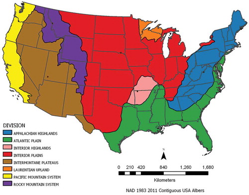 Figure 3. Location of 32 analysis quadrangles (brown dots) within the eight physiographic divisions.