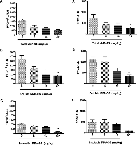 FIG. 2 The specific LALN IgM response to SRBC. The specific LALN IgM response/106 cells to SRBC is illustrated after pretreatment with (A) total, (B) soluble and (C) insoluble MMA-SS. Values represent the mean ± SE derived from six animals in each group. CP (12.5 mg/kg) was used as a positive control. * p ≤ 0.05 and ** p ≤ 0.01 vs. vehicle.