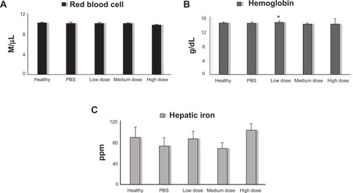 Figure 5 Average RBC counts (A); average Hb concentrations (B); average hepatic iron levels (C).Note: *P<0.05.Abbreviations: RBC, red blood cell; Hb, hemoglobin; PBS, phosphate-buffered saline; M, million.