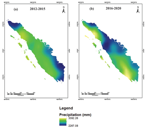 Figure 7. Spatial distribution of total average precipitation over Sumatra during (a) 2012–2015 and (b) 2016–2020.