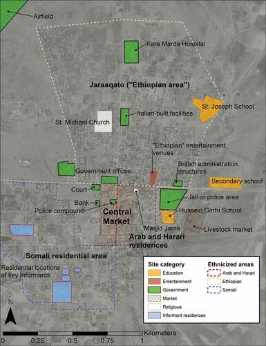 Figure 2. Sketch map of Jigjiga, 1960s-1970s. 1965 aerial photograph background provided by the Ethiopia Mapping Agency