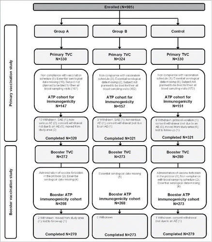 Figure 1. Participant flow in the Primary and Booster vaccination studies. Group A, infants who received DTPa-IPV/Hib vaccine at 2, 3, 4 months of age; Group B, infants who received DTPa-IPV/Hib vaccine at 3, 4, 5 months of age; Control, infants who received DTPa/Hib and IPV vaccines at 2, 3, 4 months of age N, number of participants; TVC, total vaccinated cohort; ATP, according-to-protocol; SAE, serious adverse event; AE, adverse event. One participant was not included in the TVC due to consent withdrawal before vaccination.