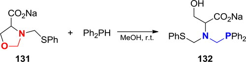Scheme 86. Phospha-Mannich reaction of Ph2PH with sodium (N-phenylthiomethyl)oxazolidine-4-carboxylate.[Citation323]