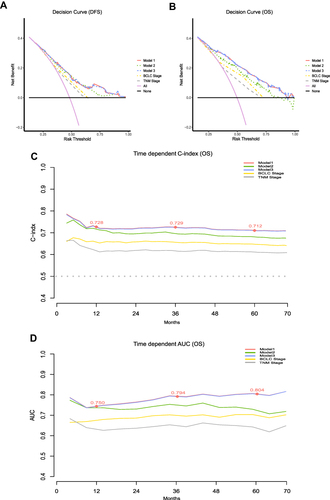 Figure 7 Comparison of models and traditional clinical staging systems for predicting prognosis. (A and B) Decision curve analysis (DCA) of nomogram models. The horizontal solid black line represents the hypothesis that no patients reached the endpoint, and the solid pink line represents the hypothesis that all patients met the endpoint. Model 1 showed the highest area under the curve and emerged as the optimal decision-making tool for maximal net benefit in HCC patients after hepatectomy. (C) Time-dependent C -index. (D) Time-dependent AUCs. The red nodes represent C-index or AUC values of Model 1 for 1 year, 3 years and 5 years.