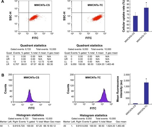 Figure 9 Flow cytometric analysis of cellular uptake.Notes: (A) Cellular uptake rate; (B) mean fluorescent intensity. *P<0.05 versus MWCNTs-CS.Abbreviations: MWCNTs-CS, chitosan-conjugated multiwalled carbon nanotubes; MWCNTs-TC, transactivator of transcription–chitosan-conjugated multiwalled carbon nanotubes; FITC, fluorescein isothiocyanate; UL, upper left; UR, upper right; LL, lower left; LR, lower right; geo, geometric mean fluorescence intensity; N/A, not applicable.