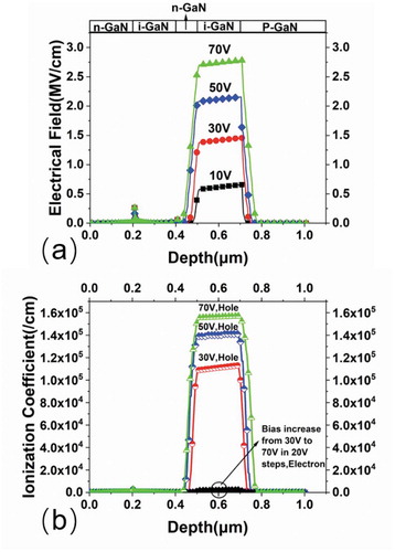 Figure 3. (a) Electrical field distribution inside GaN APD at various reverse bias; (b) Ionization factors obtained for electrons and holes from reverse 30 V to reverse 70 V. The ionization factor of the hole is nearly two orders higher than that of electrons for the interested bias levels.