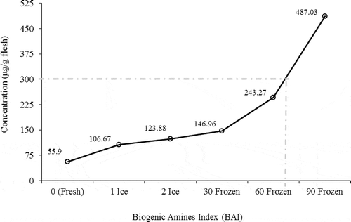 Figure 2  Biogenic amines index (μg/g flesh) in crayfish (A. leptodactylus) during short-term post-catch icing and frozen storage. (The dotted line represents tolerable maximum level. Error bar not shown.)