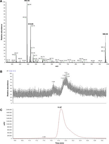 Figure S3 LC-ESI-MS (positive mode) analysis of the thymine-based monomer (3) used in this study (HPLC method on RP C18: 15%–70% of CH3CN [0.05% TFA] in H2O [0.05% TFA]). (A) ESI-MS spectrum of the chromatographic peak at 12 min; (B) extracted TIC chromatogram from 10.55 to 13.12 min; (C) extracted PDA chromatogram from 10.55 to 13.12 min in micro absorbance units.Abbreviations: LC-ESI-MS, liquid chromatography-electrospray ionization-mass spectrometry; HPLC, high-performance liquid chromatography; RP, reversed phase; TFA, trifluoroacetic acid; ESI-MS, electrospray ionization-mass spectrometry; PDA, photodiode array; RT, retention time; TIC, total ion current.