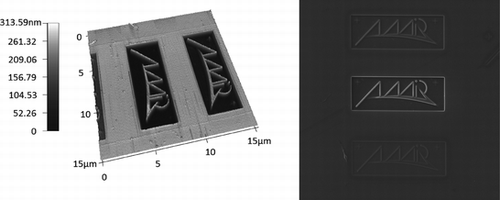 Figure 1 Example of AFM and SEM image pair, showing FIB-milled structures on a silicon wafer. The left scan shows the AFM topography view. The right scan shows a secondary electron SEM image, covering a larger scanning area than the AFM scan.