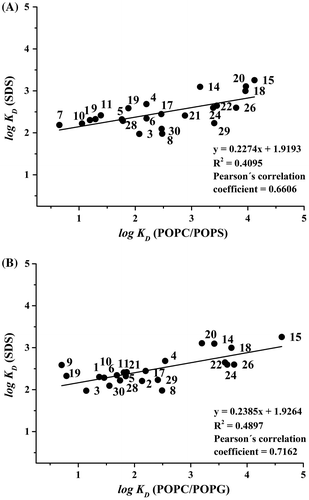 Figure 4. Correlations between (A) log KD (SDS) values and log KD (POPC/POPS); and (B) log KD (SDS) and log KD (POPC/POPG). The numbering of the compounds is the same as in Figure 1. Running conditions were as in Figures 1 and 3.