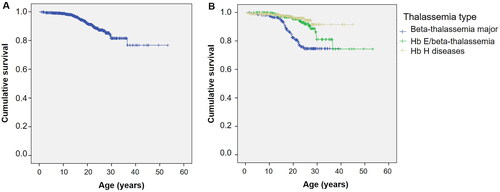 Figure 1. Kaplan–Meier survival curve of thalassemia patients. (A) Kaplan–Meier survival curve of all thalassemia patients. (B) Kaplan–Meier survival curve of thalassemia patients as classified by thalassemia type.