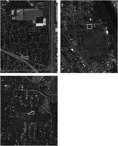 Figure 5. a-c. Satellite aerial views of select pocket cemeteries in the Belt. Pockets are easily identified based on the seemingly irregular direction of the plots which point towards Mecca. The rest of the cemetery follows the urban grain or internal circulation paths. Pockets are sometimes located on undesirable edges, such as next to highways. Images courtesy Samiha Meem.