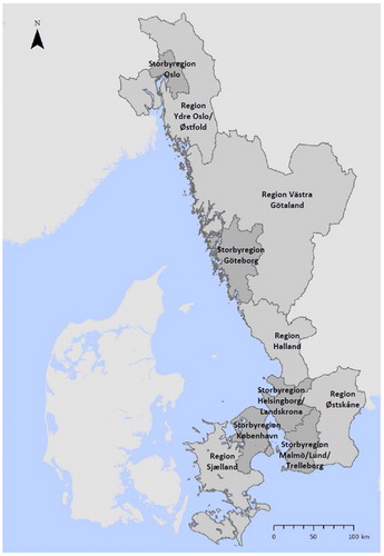Figure 1. Map of the proposed Scandinavian 8 Million City and its 10 administrative regions.Source: The Scandinavian 8 Million City (Citation2013).