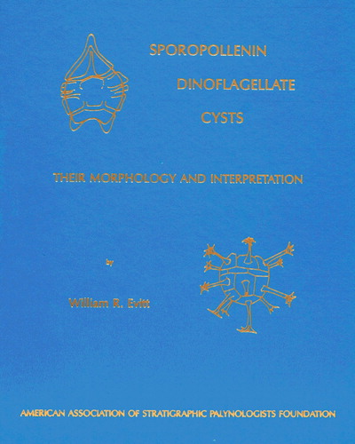 Figure 22. The front cover of Bill Evitt's major textbook Sporopollenin dinoflagellate cysts - their morphology and interpretation, published during the summer of 1985 by the AASP Foundation (Evitt Citation1985) (subsection 9.6). Its vibrant blue colour quickly gave it the nicknames the ‘Blue Bible’ and the ‘Blue Book’. Note the line drawings of Areoligera? sp. (top left) and Oligosphaeridium abaculum (bottom right), both in dorsal view. The two images are based on Wall & Evitt (Citation1975, pl. 3, fig. 14) and Evitt (Citation1985, fig. 10.2A), and Davey (Citation1979a, fig. 1B; pl. 49, fig. 3) and Evitt (Citation1985, fig. 1.7F) respectively. This image is reproduced with the permission of AASP – The Palynological Society.
