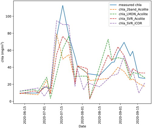 Figure 8. Time series of Chla in station 1 in BPL for summer 2020, derived from in situ measurement Chla (solid line) as well as predicted Chla from algorithms applied to MSI images.